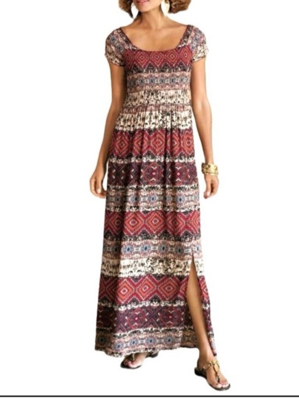 Soft Surroundings Marcelo boho Printed Maxi Dress with Side Slit 100% rayon